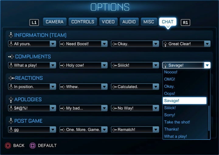 Blue screenshot of Rocket League's Options settings