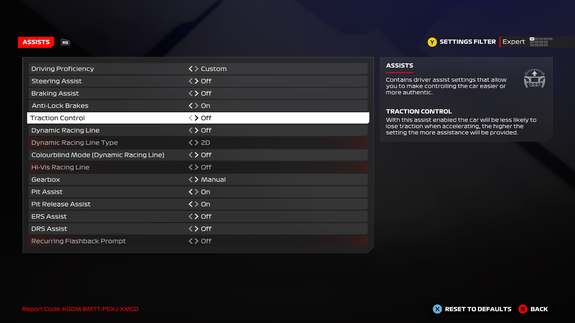 Screenshot of Assists in settings menu