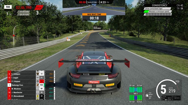 The image shows a first-person, rear-view perspective from inside a Porsche 911 GT3 race car in the video game Assetto Corsa Competizione.