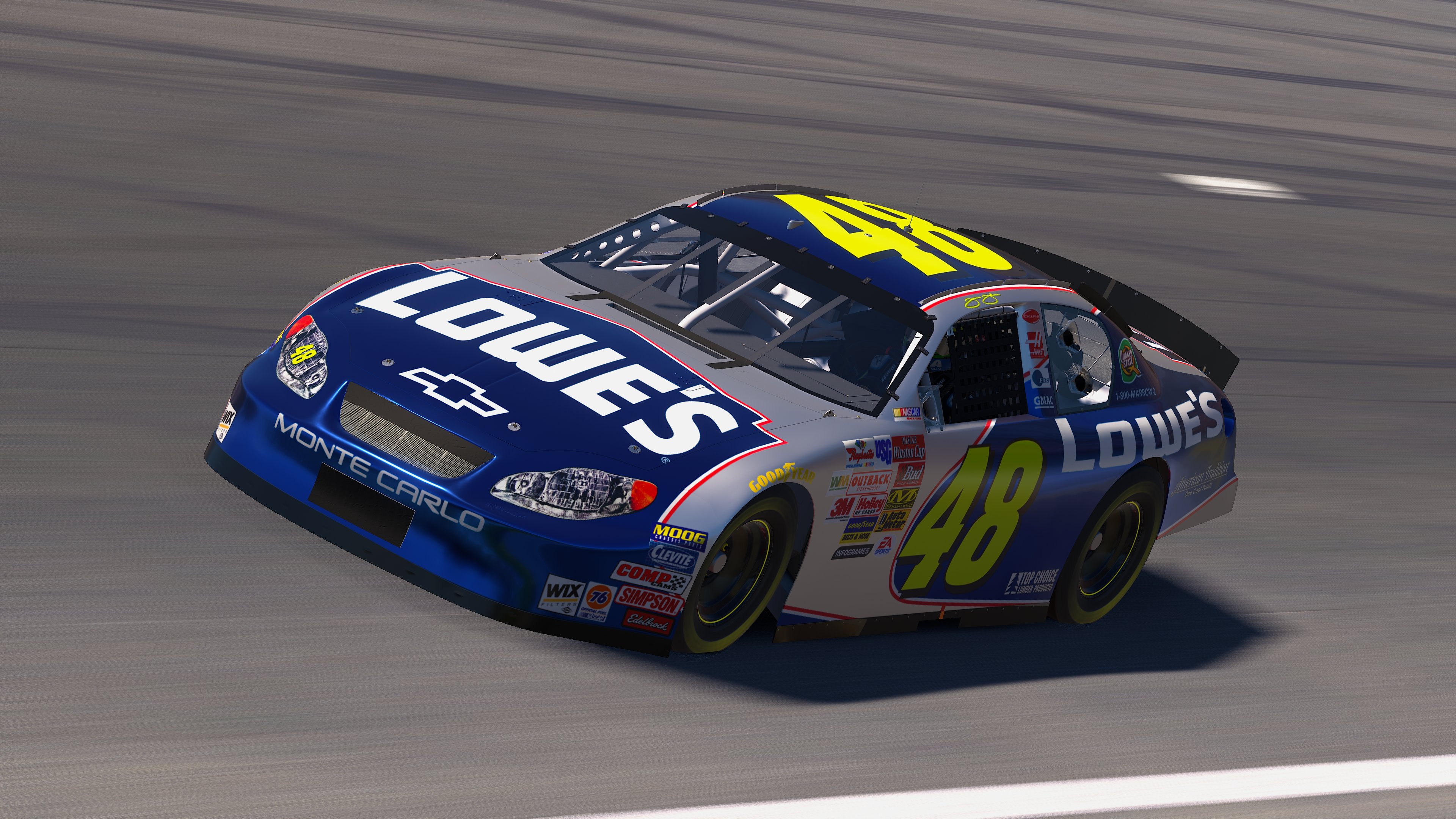 Blue iRacing car with Lowe's logo racing on a track