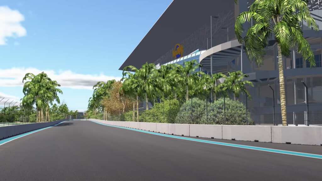 Close up view iRacing track with palm trees on side