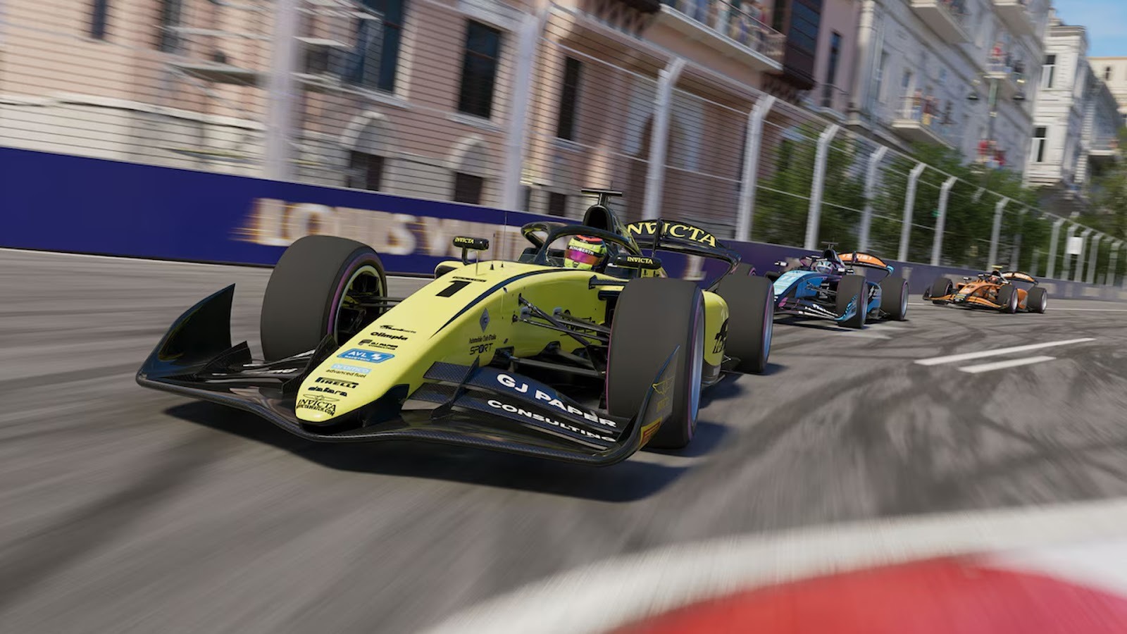 Three F1 25 cars racing fast around a track