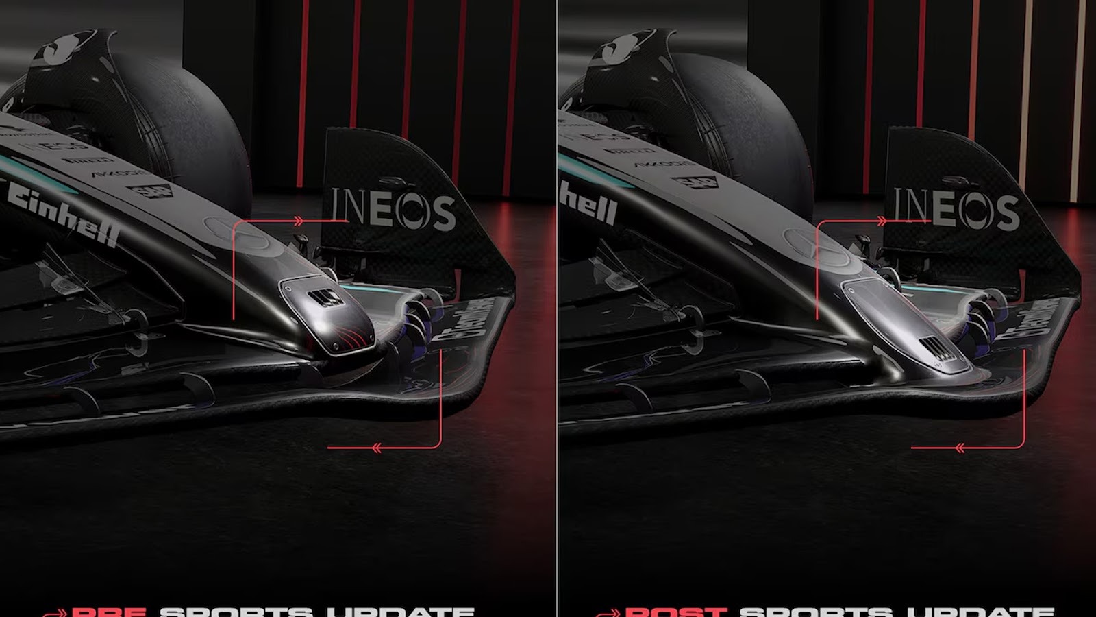 Close up of the front of a black F1 race car