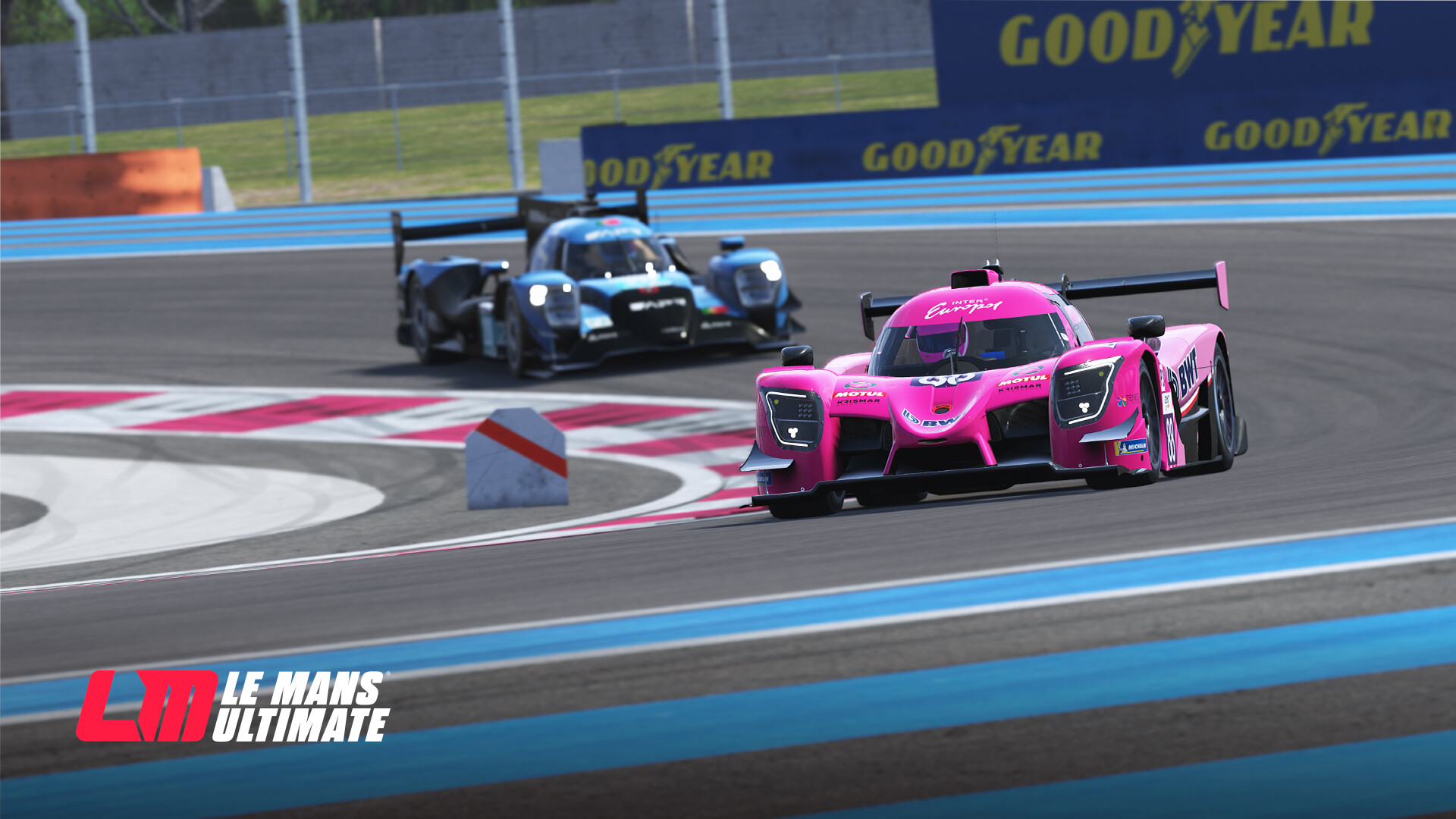 Two LMU cars racing around a track, one is pink and one is blue