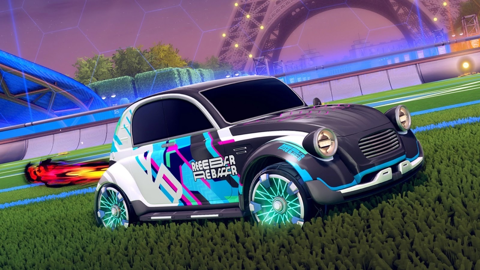 Blue, white, and pink Rocket League car parked under Eiffel tower