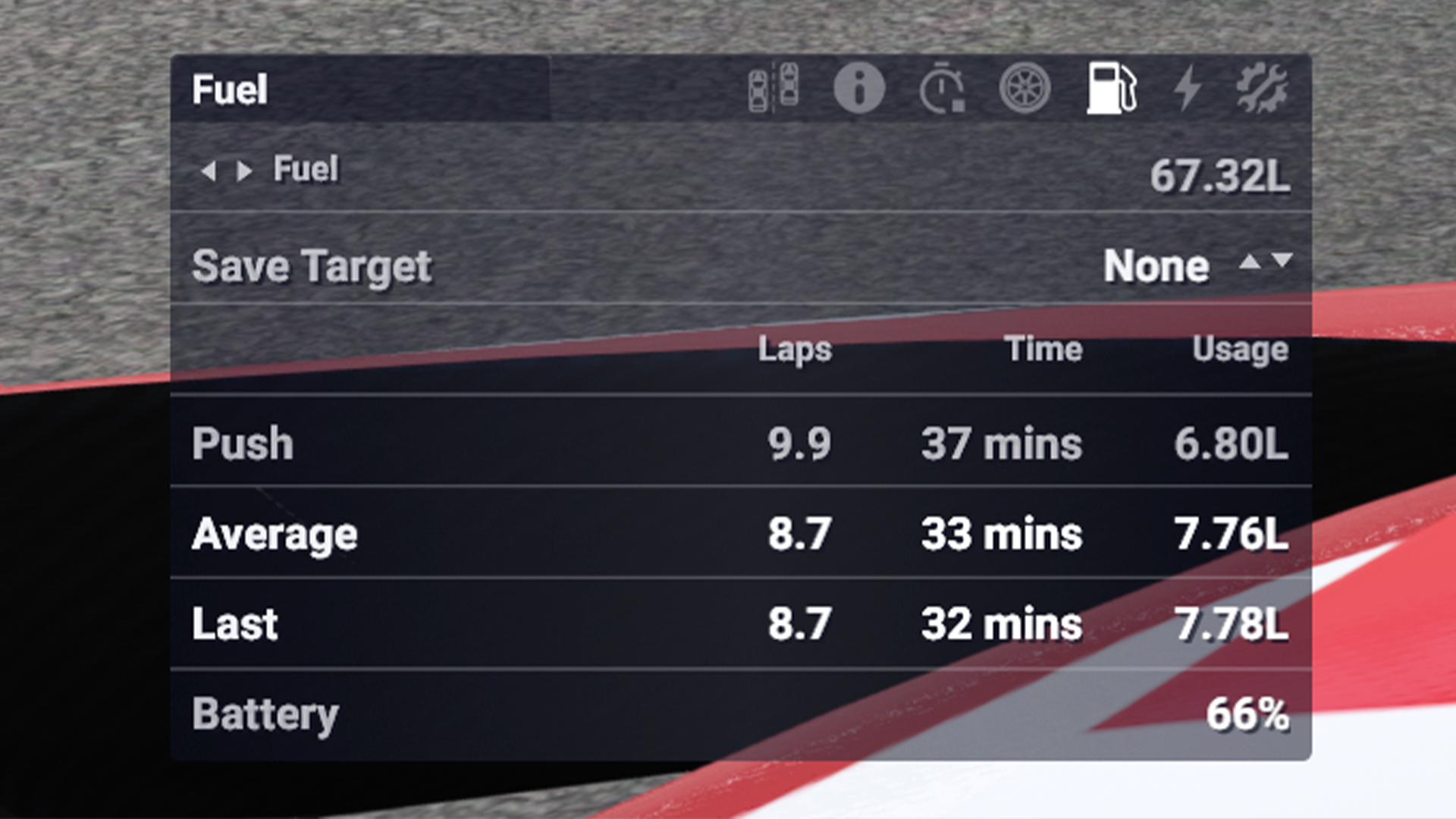 Screen showing fuel readings