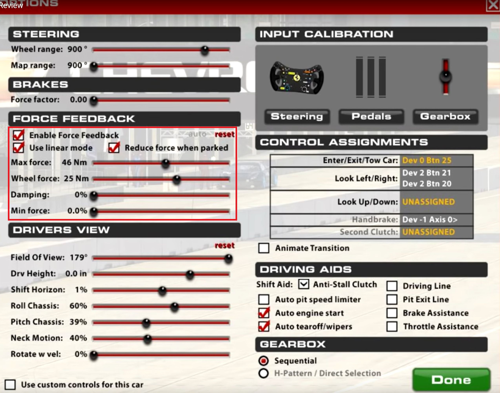 Screenshot of iRacing's Steering wheel settings