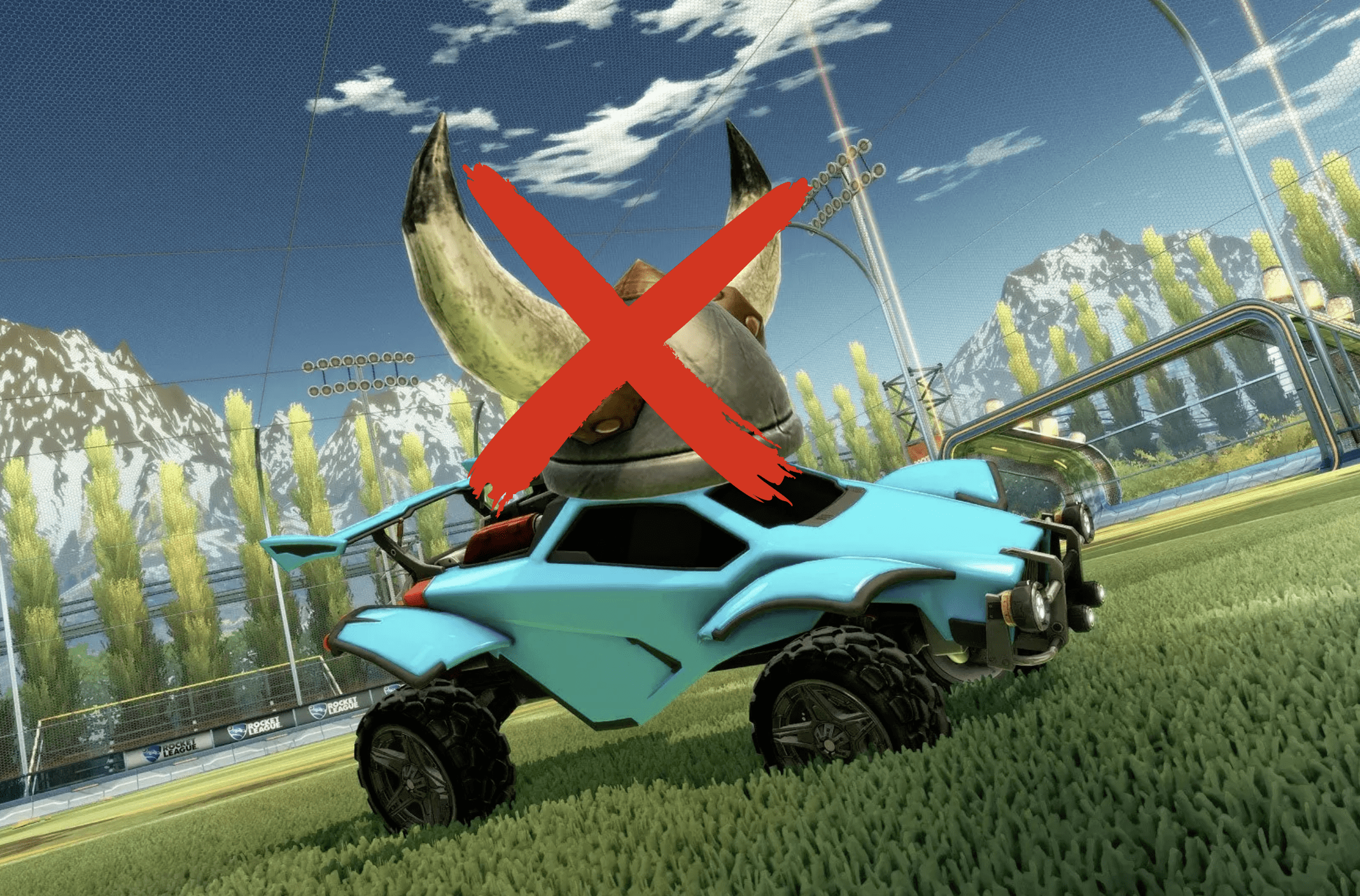Blue Rocket League car with viking helmut topper, with a red X crossing it out