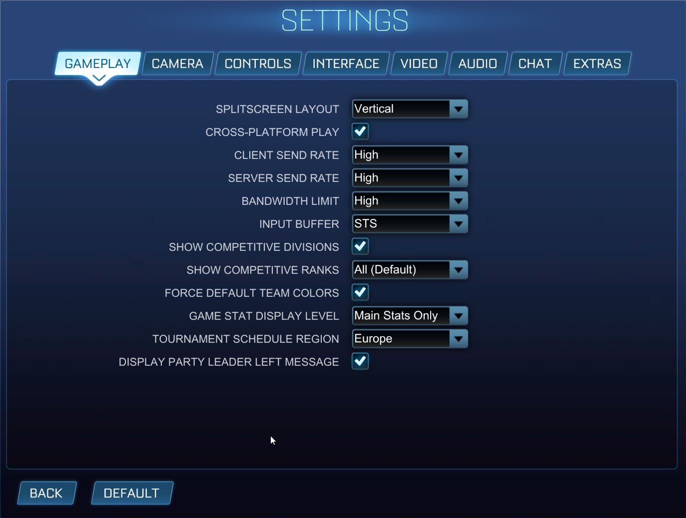 Screenshot of Gameplay tab on the Settings page in Rocket League