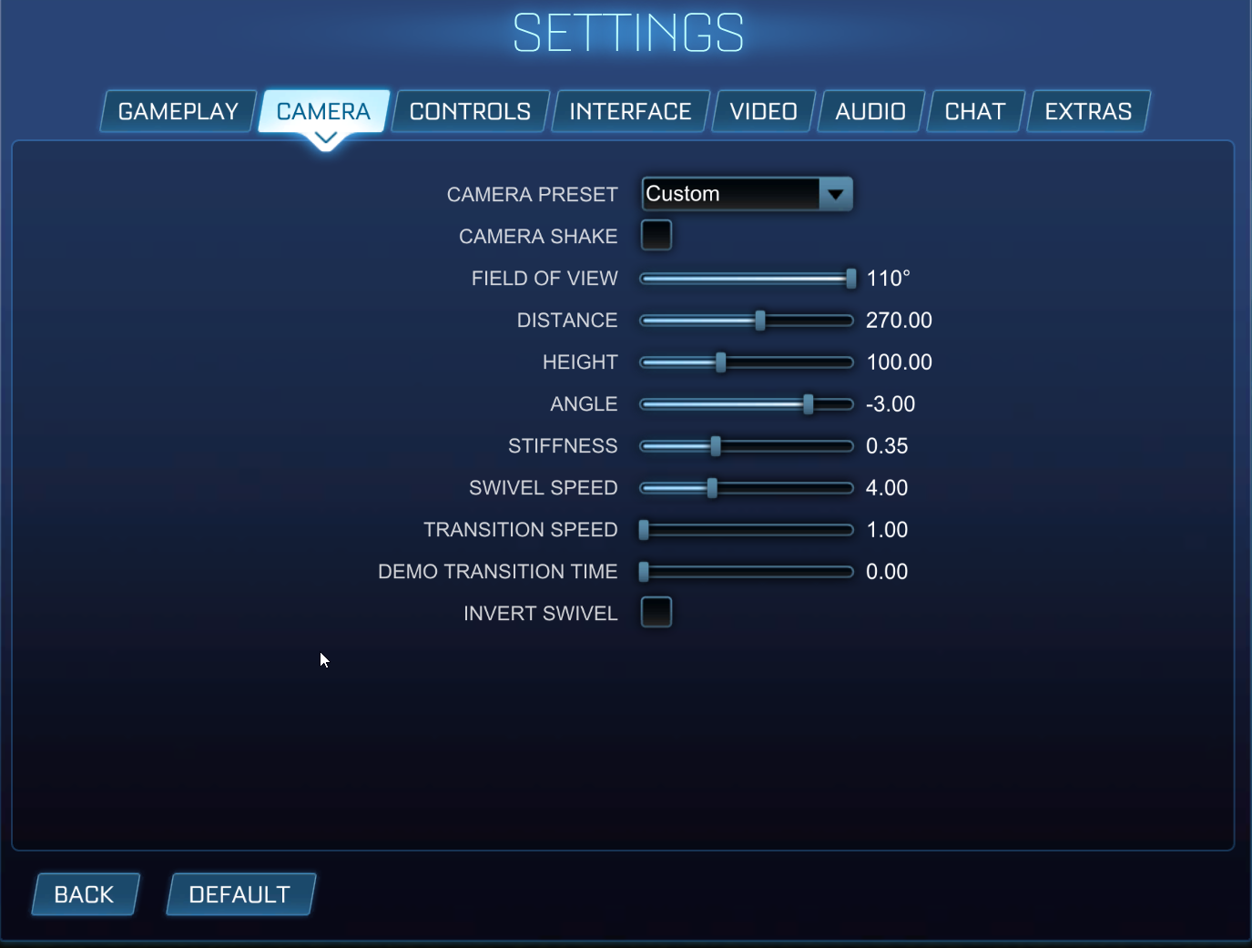Screenshot of Camera tab on the Settings page in Rocket League