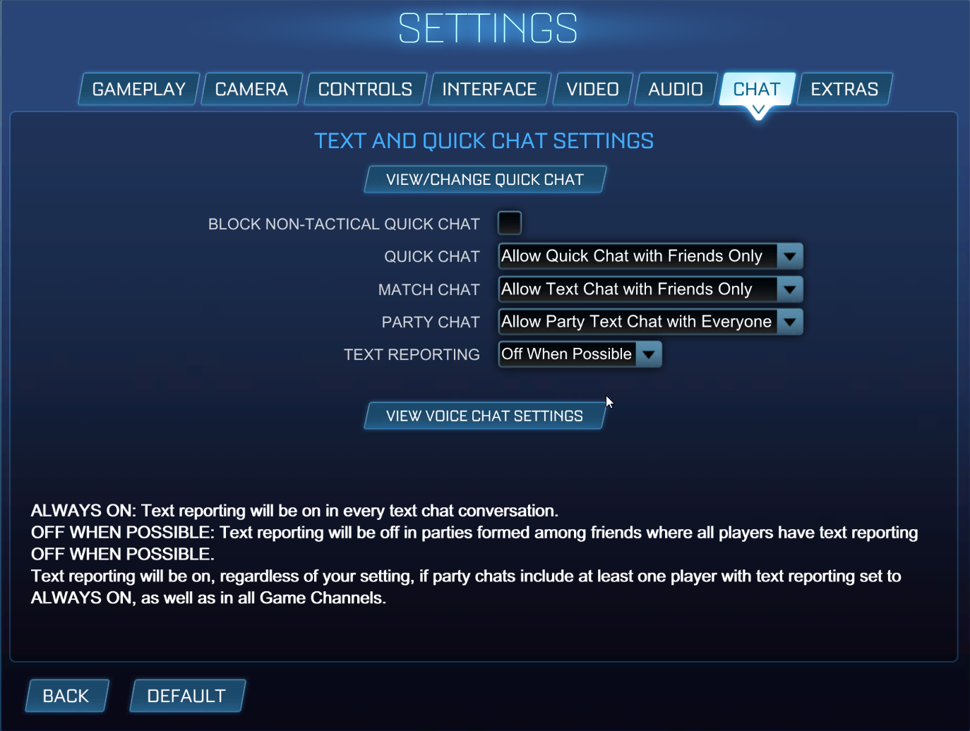 Screenshot of Chat tab on the Settings page in Rocket League