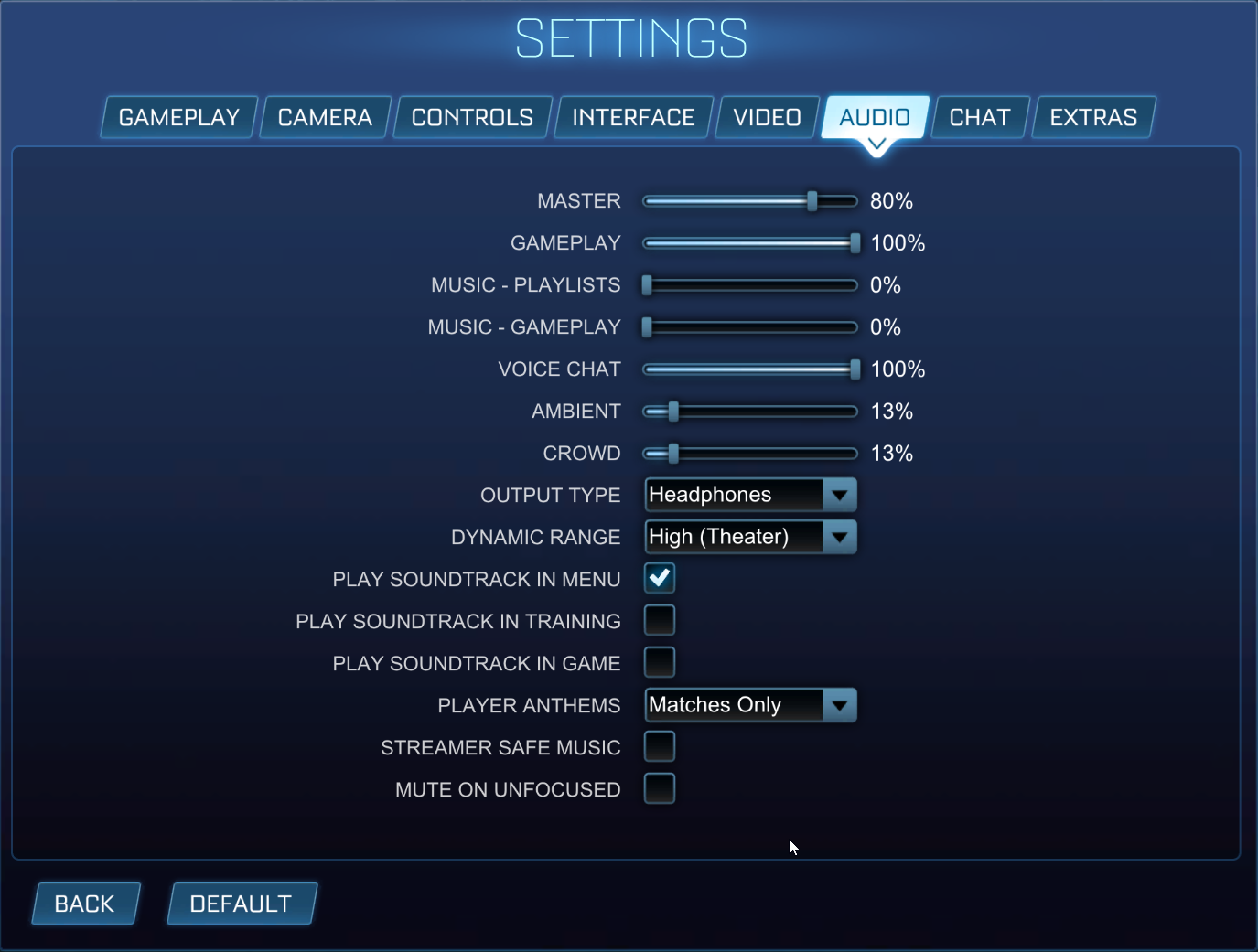 Screenshot of Audio tab on the Settings page in Rocket League